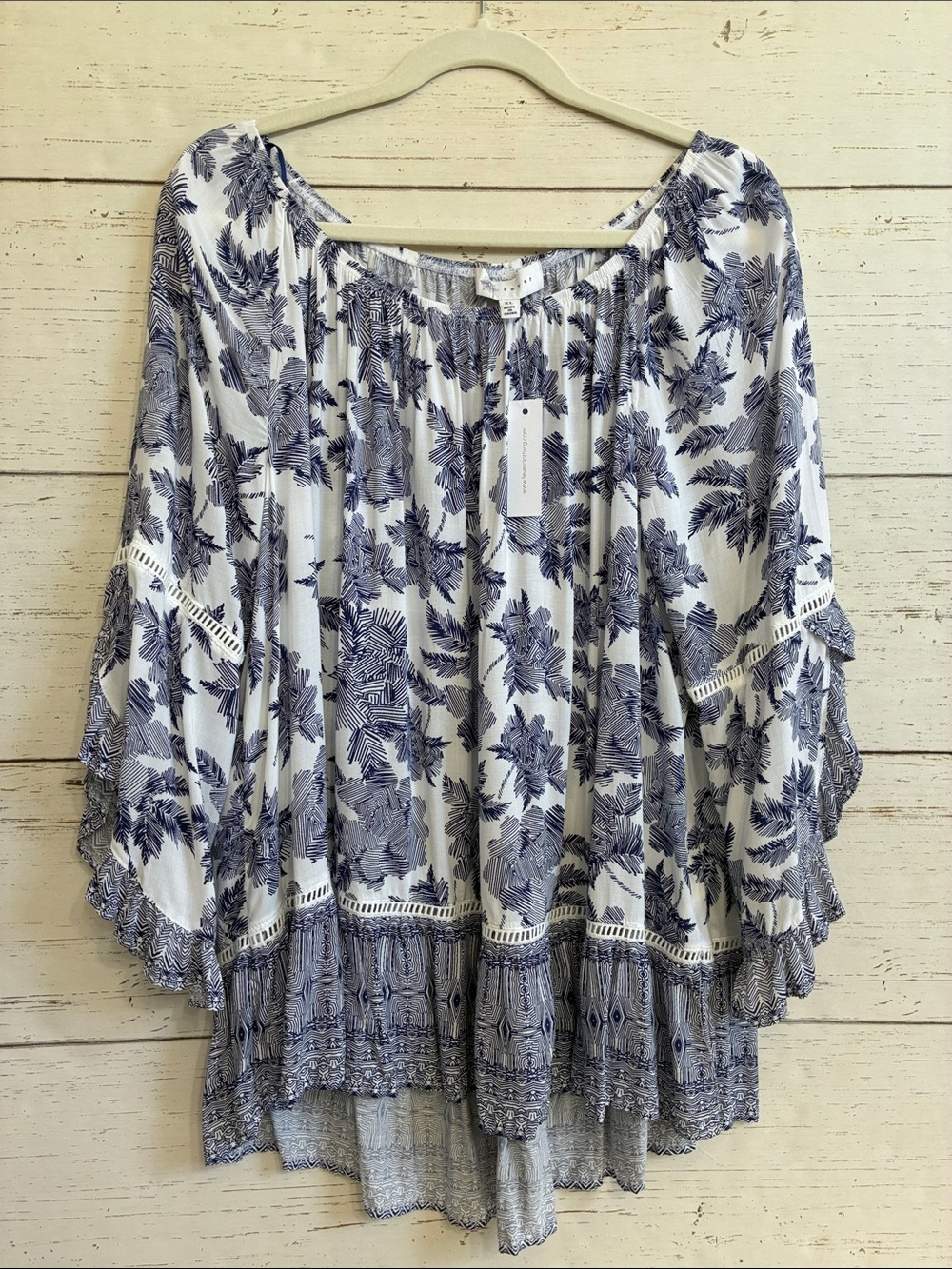 Fever Navy & White Tunic Blouse with Ruffle/Drape 3/4 Bell Sleeves, sz XL, NWT